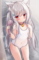 1girl animal_ear_fluff animal_ears bad_id bad_twitter_id bell blush breasts cat_ears cat_girl choker commission covered_navel grey_hair hair_ornament hairclip highres jingle_bell kata_rosu long_hair one-piece_swimsuit original red_eyes school_swimsuit sensitive shower_head showering skeb_commission small_breasts solo swimsuit thighs tile_wall tiles two_side_up white_swimsuit // 1030x1573 // 798.4KB