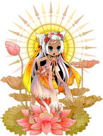 1_female 1girl animal_ears anklet barefoot barefoot_sandals blue_eyes bracelet cat_ears chibi commentary_request dark-skinned_female dark_skin earrings ears fang feet female flower god hair_flower hair_ornament indian indian_clothes jewelry lots_of_jewelry lotus lotus_pedestal moonyan original safe solo tan white_hair // 683x900 // 431.4KB