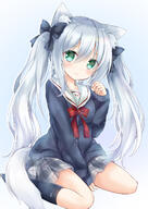 1girl animal_ear_fluff animal_ears animal_print between_legs bow breasts cat_ears cat_tail fish_print full_body green_eyes hair_bow hand_between_legs highres kata_rosu long_hair long_sleeves miniskirt original plaid plaid_skirt sailor_collar school_uniform silver_hair sitting skirt sleeves_past_wrists smile sweater tail twintails wariza // 1003x1416 // 833.5KB