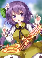 1girl beamed_sixteenth_notes biwa_lute blush dress eighth_note eyebrows_visible_through_hair flower frilled_dress frills hair_between_eyes hair_flower hair_ornament highres instrument long_hair long_sleeves lute_(instrument) musical_note open_mouth purple_hair quarter_note ruu_(tksymkw) smile solo touhou tsukumo_benben violet_eyes white_flower yellow_dress // 1000x1400 // 1.0MB