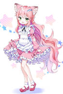 1girl amimi animal_ear_fluff animal_ears apron cat_ears cat_girl commission d dress fang fish_hair_ornament frilled_dress frills full_body green_eyes hair_ornament highres long_hair long_sleeves looking_at_viewer maid maid_apron mary_janes mosamosakun original pink_dress pink_footwear pink_hair pink_theme shoes skeb skeb_commission skirt_hold smile very_long_hair あみみ ねこみみさん エプロンドレス オリジナル500users入り 女の子 猫耳 // 1095x1615 // 969.6KB