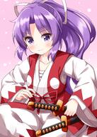 1girl bangs blush closed_mouth clothing eyebrows_visible_through_hair female high_resolution highres holding holding_sword holding_weapon japanese_clothes kataginu kimono long_hair looking_at_viewer meira meira_(touhou) multiple_swords pants pink_background ponytail purple_eyes purple_hair robe ruu_(tksymkw) safe samurai sarashi sheath smile solo sword tied_hair touhou touhou_(pc-98) touhou_project wafuku weapon white_kimono // 1000x1400 // 900.6KB