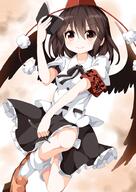 1_female armband belt bird_wings black_skirt black_wings blush book book_(books) brown_hair female frilled_skirt frills geta girl gradient gradient_background hat japanese_clothes jumping looking_at_viewer mature open_book pen pom_pom_(clothes) pov rakugakiyarou red_eyes ribbon ruu_(tksymkw) safe shameimaru_aya short_hair short_sleeves simple_background single skirt smile socks solo tall_image tengu-geta tokin_hat touhou white_legwear white_socks wings // 707x1000 // 537.8KB