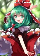 1girl blush bow dress female frilled_bow frilled_dress frilled_ribbon frilled_sleeves frills front_ponytail green_eyes green_hair hair_between_eyes hair_bow hair_ornament hair_ribbon high_resolution highres kagiyama_hina long_hair open_mouth puffy_short_sleeves puffy_sleeves red_bow red_dress red_ribbon ribbon ruu_(tksymkw) short_sleeves smile solo touhou touhou_project useless_tags // 1000x1400 // 1.0MB