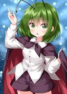 1girl antennae bangs black_cape black_shorts blush cape collared_shirt cowboy_shot dress_shirt eyebrows_visible_through_hair green_eyes green_hair hair_between_eyes highres lolibooru long_sleeves looking_at_viewer o open_mouth parted_lips ruu_(tksymkw) safe shirt short_hair short_shorts shorts solo standing touhou touhou_project white_shirt wriggle_nightbug // 1000x1400 // 956.3KB