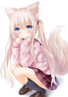 1girl animal_ear_fluff animal_ears bangs black_legwear blonde_hair blue_eyes blush eyebrows_visible_through_hair fox_ears fox_girl fox_tail hair_between_eyes highres kata_rosu looking_at_viewer miniskirt monochrome_background original pink_sweater safe school_uniform serafuku simple_background skirt solo squatting sweater tail tail_raised twintails white_background // 959x1360 // 729.6KB