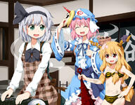 3_girls 3girls animal_print apron arm_up bandage bandages bandaid basket bikini blonde_hair blue_dress bodily_fluids bonnet booru bow bowtie character_mask closed_eyes club club_(weapon) cooking cosplay dirty dress ehoumaki eyes_closed female female_focus food ghost girl green_dress green_eyes hair_ribbon hairband hand_on_hip hat hip_focus hips horn horn_(horns) horn_ornament horn_ribbon horns hoshiguma_yuugi hoshiguma_yuugi_(cosplay) ibuki_suika kanabou konachan.net konpaku_youmu konpaku_youmu_(ghost) long_hair lum lum_(cosplay) makizushi mask multiple_females multiple_girls myon navel oni_mask open_mouth pink_hair red_eyes ribbon ruu_(tksymkw) safe saigyouji_yuyuko sash setsubun shirt short_hair silver_hair single_horn smile soot stomach sushi sweat sweatdrop swimsuit swimwear tiger_print touhou tsurukou_(tksymkw) urusei_yatsura veil weapon // 1150x900 // 700.0KB