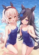 2d_art 2girls animal_ears bare_arms bare_legs bare_shoulders beach black_headwear blue_flower blue_rose blue_swimsuit blush breasts brown_hair clavicle closed_mouth collarbone commentary_request curren_chan_(uma_musume) curren_chan_(umamusume) curren_chan_(umamusume)+rice_shower_(umamusume) eyebrows_visible_through_hair female flower general hair_between_eyes hair_over_one_eye hat hat_flower horse_ears horse_girl horse_tail legs lolibooru long_hair milkshakework multiple_girls ocean one-piece_swimsuit open_mouth orange_eyes pictures pixiv_89703006 purple_eyes rice_shower_(uma_musume) rice_shower_(umamusume) rose safe shimokirin short_hair silver_hair small_breasts smile swimsuit tail tilted_headwear uma_musume_-_pretty_derby umamusume violet_eyes ウマ娘プリティーダービー ウマ娘プリティーダービー10000users入り ウマ娘プリティーダービー1000users入り ウマ娘プリティーダービー5000users入り カレンチャン(ウマ娘) カレンライス スク水 セパスク ミルクセーキ ミルクセーキ@１日目西め07b ライスシャワー(ウマ娘) 妹たちと夏合宿 水着ウマ娘 裸足 // 860x1214 // 405.8KB