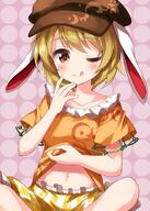 1girl animal_ears bangs blonde_hair blush breasts brown_headwear bunny_ears cabbie_hat clavicle closed_mouth clothes_lift clothing eyebrows_visible_through_hair female flat_cap floppy_ears frilled_shirt frilled_shorts frills hat headwear high_resolution indian-style_sitting looking_at_viewer midriff moon_rabbit navel one-hour_drawing_challenge one_eye_closed orange_shirt pink_background red_eyes ringo_(touhou) ruu_(tksymkw) shirt shirt_lift short_hair short_sleeves shorts sitting small_breasts smile stomach striped striped_shorts tongue touhou touhou_project yellow_shorts // 1000x1400 // 804.7KB