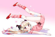 1girl amimi aqua_hair bandaged_hand bandaged_leg bandages bandaid bandaid_on_leg bangs black_ribbon blonde_hair blunt_bangs breasts crocs dot_nose gradient gradient_background hair_ornament hands_on_floor heart heart_hair_ornament highres legs_up light_smile long_hair looking_at_viewer loose_socks lying makaino_ririmu multicolored_hair nijisanji on_back pink_background pink_hair pink_shirt pink_socks red_eyes red_footwear ribbon ribbon-trimmed_shirt sensitive shadow shirt short_sleeves sidelocks small_breasts socks solo star_(symbol) streaked_hair virtual_youtuber wing_hair_ornament x_hair_ornament // 1769x1217 // 826.1KB