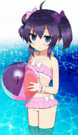 1girl abuji ahoge ball beachball bikini blue_eyes character_request flat_chest highres holding_ball lolibooru mist_train_girls navel outdoors purple_hair safe standing swimsuit twin_tails wading // 1121x1929 // 1.8MB