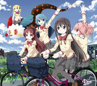 10s 5_females 5_girls 5girls akemi_homura antenna_hair arm_up bag basket bicycle bicycle_basket black_hair black_legwear blonde_hair blue_eyes blue_hair blue_sky blush bow bowtie bridge brown_eyes charlotte_(madoka_magica) cloud cloud_(clouds) d day drill_hair female flying flying_sweatdrops food footwear girl grass ground_vehicle hair_bow hair_ornament hair_tie hairband high_resolution highres juliet_sleeves kaname_madoka kyubey kyuubee legwear loafers long_hair long_sleeves looking_at_another looking_at_viewer looking_away madoka_magica mahou_shoujo_madoka_magica mature miki_sayaka miniskirt mouth_hold multiple_females multiple_girls multiple_riders open_mouth outdoors outside pantyhose pink_eyes pink_hair plaid plaid_skirt pleated_skirt pocky pov power_lines profile puffy_sleeves red_bow red_eyes red_hair riding river ruu_(tksymkw) safe sakura_kyouko school_bag school_uniform shaft_(studio) shoes short_hair short_twintails sidesaddle skirt sky smile sweets tied_hair tomoe_mami town transmission_tower tsurukou_(tksymkw) twin_drills twintails uniform vehicle very_long_hair waving // 1400x1250 // 1.2MB