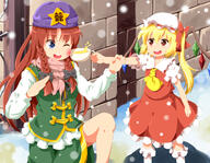 2_females 2_girls 2girls blonde_hair blue_eyes booru bow braid_(braids) brown_eyes brown_hair cap dress embodiment_of_scarlet_devil female female_focus flandre_scarlet girl hat hong_meiling konachan.net loli long_hair monster multiple_females multiple_girls one_eye_closed one_side_up open_mouth ponytail red_eyes red_hair ruu_(tksymkw) safe scarf side_ponytail skirt skirt_set snow snowing star_(symbol) the_embodiment_of_scarlet_devil tied_hair touhou tsurukou_(tksymkw) twin_braids undead vampire wings wink winter // 1200x933 // 672.9KB