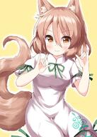 1girl animal_ears bangs bow breasts brown_hair closed_mouth eyebrows_visible_through_hair fox_ears fox_tail green_bow hair_between_eyes hands_up highres jumpsuit kudamaki_tsukasa light_brown_hair lolibooru looking_at_viewer medium_breasts one-hour_drawing_challenge ruu_(tksymkw) safe short_hair short_sleeves simple_background smile solo tail touhou touhou_project white_background white_jumpsuit white_sleeves yellow_background yellow_eyes // 1000x1400 // 172.3KB