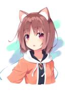 1girl absurdres animal_ears bangs brown_hair cat_ears cropped_torso female highres looking_at_viewer masaki_(machisora) original red_eyes short_hair simple_background solo upper_body // 2354x3524 // 1.8MB