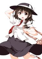 1_female 1girl arm_behind_head bag black_skirt blush bow brown_eyes brown_hair female folded_leg girl hair_bow hair_ornament hair_ribbon hand_behind_head hand_on_head handbag hat hat_ribbon knee_highs kneehighs looking_at_viewer mature necktie open_mouth pov rakugakiyarou ribbon ruu_(tksymkw) safe short_hair short_sleeves sidelocks simple_background single skirt solo tall_image touhou usami_renko white_background white_legwear // 700x988 // 260.0KB