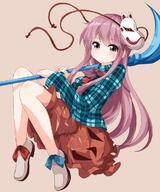 1_female 1girl ahoge blush boots bow bowtie checkered_shirt expressionless face_mask female footwear fox_mask fringe full_body girl hata_no_kokoro high_resolution highres long_hair looking_away mask mask_on_head mature mouth_mask naginata pink_eyes pink_hair polearm purple_eyes purple_hair ribbon ruu_(tksymkw) safe see-through shirt simple_background single sitting skirt solo star_(symbol) stars tall_image touhou tsurukou very_long_hair weapon // 1000x1200 // 558.6KB