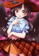 1girl bangs black_hair black_wings blue_shirt blush brown_headwear brown_skirt cowboy_hat cowboy_shot d feathered_wings hand_up hat highres horse_tail kurokoma_saki long_hair looking_at_viewer open_mouth pegasus_wings pink_eyes plaid puffy_short_sleeves puffy_sleeves ruu_(tksymkw) shirt short_sleeves skirt smile solo standing tail touhou very_long_hair wings // 1000x1400 // 936.7KB