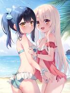 2girls bangs black_hair blush breasts brown_eyes fatekaleid_liner_prisma_illya fate_(series) female hair_between_eyes hair_ornament hairclip high_resolution highres illyasviel_von_einzbern long_hair looking_at_viewer md5_mismatch miyu_edelfelt multiple_girls open_mouth questionable red_eyes sensitive sidelocks small_breasts smile taro_(ultrataro) white_hair // 1462x1948 // 2.2MB