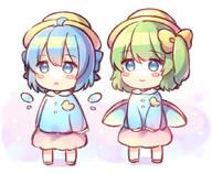 2girls blue_eyes blue_hair blush_stickers cirno closed_mouth d5a24deb-c2d5-4f6b-9937-917b0593b686 daiyousei detached_wings eyebrows_visible_through_hair fairy fairy_wings full_body green_hair hair_between_eyes hat ice ice_wings kindergarten_uniform lolibooru long_hair long_sleeves multiple_girls open_mouth pink_skirt pixiv_2520711 pjrmhm_coa safe school_hat short_hair side_ponytail simple_background skirt smile touhou touhou_project white_background wings yellow_headwear younger ビキニな差分psd！ // 874x720 // 415.4KB