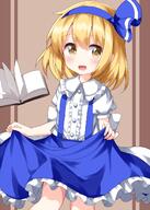 1girl alice_margatroid alice_margatroid_(pc-98) bangs blonde_hair blue_hairband book brown_background cowboy_shot d eyebrows_visible_through_hair hairband highres holding holding_clothes holding_skirt lolibooru looking_at_viewer open_book open_mouth puffy_short_sleeves puffy_sleeves ruu_(tksymkw) safe shirt short_hair short_sleeves skirt smile solo standing suspenders touhou touhou_(pc-98) touhou_project white_shirt yellow_eyes // 1000x1400 // 727.6KB