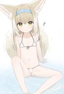 1girl ? absurdres adult alternate_hairstyle animal_ears arknights bikini blonde_hair blue_hairband blush collarbone extra_ears female_focus flat_chest fox_ears fox_girl fox_tail front-tie_top green_eyes hair_down hairband hawawa highres loli lolibooru long_hair looking_at_viewer micro_bikini navel oripathy_lesion_(arknights) paid_reward_available partially_visible_vulva questionable simple_background sitting solo stomach suzuran_(arknights) swimsuit tail water wet white_background // 1868x2717 // 248.7KB