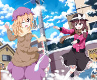 2_girls 2girls blonde_hair booru bow brown_eyes brown_hair cap cloud_(clouds) female female_focus girl hat jacket konachan.net maribel_han maribel_hearn multiple_females multiple_girls one_eye_closed open_mouth red_eyes ruu_(tksymkw) safe scarf short_hair skirt snow snowball snowball_fight touhou translated tsurukou_(tksymkw) usami_renko wink winter // 1400x1150 // 878.0KB