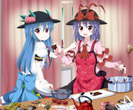 2_females 2_girls 2girls apron ascot blue_hair blush bot_(artist) bow candy capelet chocolate chocolate_bar chocolate_making commentary_request cooking cutting_board dress eating feeding female female_focus food fruit girl hand_on_shoulder hat hat_ribbon himekaidou_hatate hinanawi_tenshi kettle kitchen knife ladle long_hair marble_chocolate mature meiji_(brand) meiji_black_chocolate meiji_milk_chocolate meltykiss multiple_females multiple_girls nagae_iku open_mouth peach pot purple_hair red_eyes ribbon ruu_(tksymkw) safe shirt short_hair skirt smile sweets t takenoko_no_sato_(food) touhou valentine // 1150x950 // 689.2KB