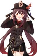 1girl bangs black_nails black_shorts brown_hair chinese_clothes clothing commentary_request d eyebrows_visible_through_hair female flower genshin_impact ghost_pose hair_between_eyes haru_(konomi_150) hat hat_flower hat_ornament headwear high_resolution highres hu_tao_(genshin_impact) jewelry konomi_150 long_hair long_sleeves looking_at_viewer nail_polish namori_(style) open-mouth_smile open_mouth orange_eyes parody ring safe sensitive short_shorts shorts sidelocks simple_background smile solo style_parody symbol-shaped_pupils tied_hair twintails useless_tags white_background // 1045x1578 // 782.2KB