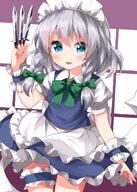 1girl apron blue_eyes bow braid clothing female green_bow headdress headwear high_resolution izayoi_sakuya knife maid maid_apron maid_headdress one-hour_drawing_challenge ruu_(tksymkw) short_hair silver_hair solo thigh_strap tied_hair touhou touhou_project twin_braids waist_apron white_hair // 1000x1400 // 959.0KB