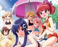 6+girls ahoge akitsune_kon anima_yell! arima_hizume bare_arms bare_shoulders beach_umbrella bikini black_bikini blonde_hair blue_bikini blue_eyes blue_hair blush bottle bow breasts brown_eyes cleavage closed_eyes commentary_request cream d day eyes_closed fang frilled_bikini frills hair_bow hair_bun hair_ornament hatoya_kohane highres holding holding_bottle lotion lying medium_breasts multiple_girls navel nose_blush on_stomach one_eye_closed open_mouth outdoors ponytail purple_bow purple_eyes red_bikini red_hair ruu_(tksymkw) safe sand_sculpture sawatari_uki side-tie_bikini sitting smile sunscreen swimsuit swimsuits tagme tatejima_kotetsu trowel twintails umbrella ushiku_kana water_bottle wavy_mouth white_bikini yuri // 1800x1440 // 1.9MB