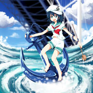 1_female anchor barefoot black_hair blue_eyes bridge chain feet female girl hat hishaku ladle legwear murasa_minamitsu open_mouth pants peaked_cap ruu_(tksymkw) safe sailor_suit short_hair shorts single solo touhou water whirlpool white_shorts // 1100x1100 // 637.8KB