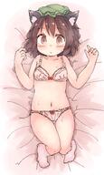 1girl absurdres animal_ear_fluff animal_ears black_hair blush bra cat_ears cat_tail chen female_focus full_body gelbooru hat heart highres kamotsu_yasai knees_together_feet_apart loli looking_at_viewer lying mob_cap navel on_back on_bed panties pink_bra pink_panties questionable socks solo tail touhou underwear // 1719x2876 // 352.9KB