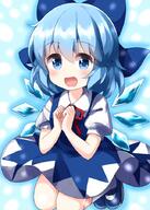 1girl blue_eyes blue_footwear blue_hair blush bow cirno eyebrows eyebrows_visible_through_hair hands_together ice ice_wings lolibooru looking_at_viewer open_mouth puffy_short_sleeves puffy_sleeves ruu_(tksymkw) safe short_sleeves simple_background smile socks solo touhou touhou_project wings // 643x900 // 106.3KB