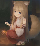 1girl 2d_art animal_ear_fluff animal_ears blouse blue_eyes blush brown_hair clothing commission detached_sleeves dog_ears dog_girl dog_tail eyebrows_visible_through_hair feet female fireworks footwear gelbooru hakama hakama_skirt high_resolution highres inumimi japanese_clothes long_hair miko night original outdoors pixiv_942719 pixiv_98314602 pixiv_request psyche3313 psyche47 red_hakama red_skirt s sandals sankaku senkou_hanabi sensitive shirt skirt smile solo sparkler squatting tail toes very_long_hair wafuku white_shirt white_sleeves プシュケー 勝負ですっ！ 女の子 少女 巫女服 幼女 碧眼 金髪 // 1250x1430 // 651.1KB