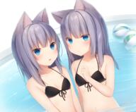 2_females 2girls amashiro_natsuki animal_ears aqua_eyes bad_id bad_pixiv_id ball bangs bare_shoulders beachball bikini bikini_top blue_eyes blush breasts cat_ears catgirl catperson cleavage closed_mouth commentary_request danbooru ears female gray_hair grey_hair loli long_hair looking_at_viewer mature medium_hair multiple_females multiple_girls navel nekomimi open_mouth original original_character partially_submerged pool pov purple_hair s safe sankaku sankaku_channel slit_pupils small_breasts stomach swimsuit swimwear twins upper_body water wet young オリジナル 双子ロリ 水着 猫耳 // 1200x993 // 1.1MB