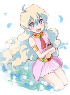 +_+ 1girl amagama_(he_fu) armband bangs bare_shoulders belt blonde_hair blue_eyes blush boota_(ttgl) cloud_hair dress female field flower flower_field gem hair_between_eyes highres jewelry kneeling multicolored_hair necklace nia_teppelin open_mouth pink_dress safe seiza sitting sleeveless smile solo tengen_toppa_gurren_lagann two-tone_hair // 1030x1393 // 842.0KB