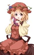 1_female 1girl aki_minoriko apron berry_(berries) blonde_hair blush bonnet female food fruit girl grapes hat headwear juliet_sleeves long_hair long_sleeves looking_at_viewer mob_cap open_mouth puffy_sleeves red_eyes ruu_(tksymkw) safe shirt short_hair simple_background single sitting skirt smile solo sweet_potato tall_image touhou vegetable white_background wide_sleeves // 614x1000 // 305.2KB