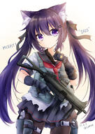 1girl animal_ear_fluff animal_ears armor armored_dress bangs black_legwear black_skirt blouse bow cat_ears cat_girl dated gloves gun hair_bow hair_ornament hairclip highres holding holding_weapon holstered_weapon kata_rosu long_hair looking_at_viewer miniskirt original pleated_skirt purple_eyes purple_hair sailor_collar shirt skirt solo submachine_gun thighs trigger_discipline twintails twitter_username weapon white_shirt // 1003x1416 // 984.7KB