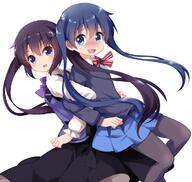 2_girls 2girls anime-pictures.net back-to-back back_to_back black_hair black_pantyhose black_skirt blue_eyes blue_hair blue_skirt blush bodily_fluids bow bowtie commentary d embarrassed eyebrows eyebrows_visible_through_hair female fringe gelbooru girl gochiusa gochiusa_100_users_bookmark gochuumon_wa_usagi_desu_ka gochuumon_wa_usagi_desu_ka? hair_between_eyes hair_ornament hairclip kin-iro_mosaic komichi_aya locked_arms long_hair long_sleeves looking_at_viewer mature multiple_females multiple_girls nose_blush open_mouth pantyhose pleated_skirt pov purple_eyes purple_hair rabbit_house_uniform rakugakiyarou ruu_(tksymkw) safe school_uniform seiyuu_connection simple_background skirt smile sweat sweatdrop taneda_risa tedeza_rize tied_hair twintails uniform white_background white_fox きんいろモザイク るう２ タイツ リゼ リゼあや 中の人繋がり 天々座理世 小路理世ちゃん 小路綾 種田梨沙 誰得さん // 1200x1140 // 638.9KB