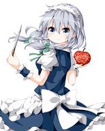 1_female 1girl apple apron blush bow braid_(braids) female food fruit girl hair_bow heart izayoi_sakuya knife light_smile lolita_hairband long_hair looking_at_viewer looking_away looking_back maid maid_headdress pov rakugakiyarou remilia_scarlet ruu_(tksymkw) safe short_hair short_sleeves silver_eyes silver_hair simple_background single smile solo tall_image touhou twin_braids uniform waist_apron white_background wrist_cuffs // 800x1000 // 379.8KB