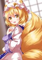 1girl bangs blonde_hair blush d dress fox_tail hair_between_eyes hat highres long_sleeves looking_at_viewer multiple_tails open_mouth pillow_hat ruu_(tksymkw) short_hair smile solo tabard tail touhou white_dress white_headwear wide_sleeves yakumo_ran yellow_eyes // 1000x1400 // 999.4KB