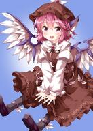 1_female 1girl animal_ears anklet bangs between_legs black_legwear blue_background blush breasts brooch brown_skirt brown_vest danbooru danbooru-safebooru dress eyebrows eyebrows_visible_through_hair feathered_wings feathers female fringe gelbooru girl hair_between_eyes happy hat high_resolution highres jewelry juliet_sleeves legwear long_sleeves looking_at_viewer mature mystia_lorelei open_hands open_mouth outstretched_legs pantyhose pink_hair pov puffy_sleeves purple_background purple_eyes purple_footwear red_eyes ruu_(tksymkw) s safe safebooru sankaku_channel shirt short_hair simple_background single sitting skirt small_breasts solo tall_image teeth touhou touhou_project tsurukou upper_teeth v_arms vest violet_eyes white_shirt wings // 1000x1400 // 967.2KB