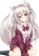 1girl animal_ear_fluff animal_ears ankle_socks aqua_eyes black_legwear bow bowtie breasts expressionless fox_ears fox_girl fox_tail hair_ribbon heterochromia highres kata_rosu long_hair long_sleeves looking_at_viewer miniskirt off_shoulder original plaid plaid_skirt ribbon safe shirt silver_hair sitting skirt socks tail white_shirt yellow_eyes yokozuwari // 1106x1571 // 1.1MB