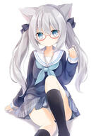 1girl animal_ear_fluff animal_ears bangs black_legwear blue_eyes blue_shirt blush cat_ears closed_mouth commentary commentary_request eyebrows_visible_through_hair feet_out_of_frame glasses grey_hair grey_skirt hair_between_eyes highres kata_rosu kneehighs long_hair original panties pleated_skirt red-framed_eyewear ribbed_legwear safe sailor_collar school_uniform semi-rimless_eyewear serafuku shadow shirt sitting skirt smile socks solo twintails under-rim_eyewear underwear very_long_hair white_background white_panties white_sailor_collar // 1179x1670 // 821.7KB