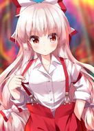 1girl baggy_pants blush bow buttons clavicle closed_mouth clothing collared_shirt cowboy_shot female fujiwara_no_mokou hair_bow hair_ornament high_resolution long_hair long_sleeves pants red_eyes red_pants ruu_(tksymkw) shirt solo suspenders touhou touhou_project white_bow white_hair white_shirt // 1000x1400 // 1.0MB
