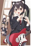 5girls =_= akiyama_mio animal_ears anime black_hair blonde_hair blue_eyes brown_eyes brown_hair cat_ears commentary_request electric_guitar eyebrows_visible_through_hair fake_animal_ears fender_mustang finger_frame general guitar hair_ornament hairclip heart heart_hands highres hirasawa_yui indoors instrument k-on! kneeling kotobuki_tsumugi kusaka_shi long_hair miniskirt multiple_girls nakano_azusa peeking peeking_out pleated_skirt revision sakuragaoka_high_school_uniform school school_uniform shoes skirt squatting tainaka_ritsu thick_eyebrows twintails uwabaki yukie_(kusaka_shi) けいおん! けいおん1000users入り 中野梓 制服 手でハート 放課後ティータイム 日下氏 自主練してるあずにゃん // 1366x2000 // 3.8MB