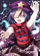 1girl beret black_skirt blue_eyes blue_hair hat highres jiangshi lolibooru looking_at_viewer miyako_yoshika ofuda one_eye_covered open_mouth outstretched_arm pale_skin petals ribbon ruu_(tksymkw) safe short_hair short_sleeves skirt smile solo star_(symbol) touhou touhou_project zombie_pose // 1000x1400 // 1.1MB