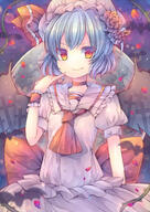 1_female 1girl ascot bat bat_wings blue_hair blush bonnet cross dress female finger_to_mouth flower flower_(flowers) full_moon girl graveyard hair_flower hair_ornament hat hat_ribbon looking_at_viewer mature mob_cap moon orange_eyes petals pink_dress pjrmhm_coa plant pov puffy_sleeves red_eyes remilia_scarlet ribbon safe short_hair short_sleeves single smile solo tall_image touhou vines wings wrist_cuffs // 706x1000 // 122.4KB