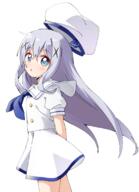 1girl alternate_costume arms_behind_back bangs blue_eyes blue_neckerchief cowboy_shot eyebrows_visible_through_hair from_side general gochuumon_wa_usagi_desu_ka? grey_hair hair_ornament hairclip haru_(konomi_150) highres kafuu_chino konomi_150 long_hair looking_at_viewer neckerchief open_mouth short_sleeves simple_background solo standing white_background white_headwear // 1107x1532 // 505.8KB